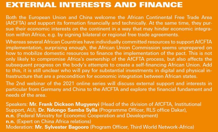 Webinar on AFCFTA CONTEXT: EXTERNAL INTERESTS AND FINANCE - Thursday | 6.5.2021 | 10:00–12:00 CET